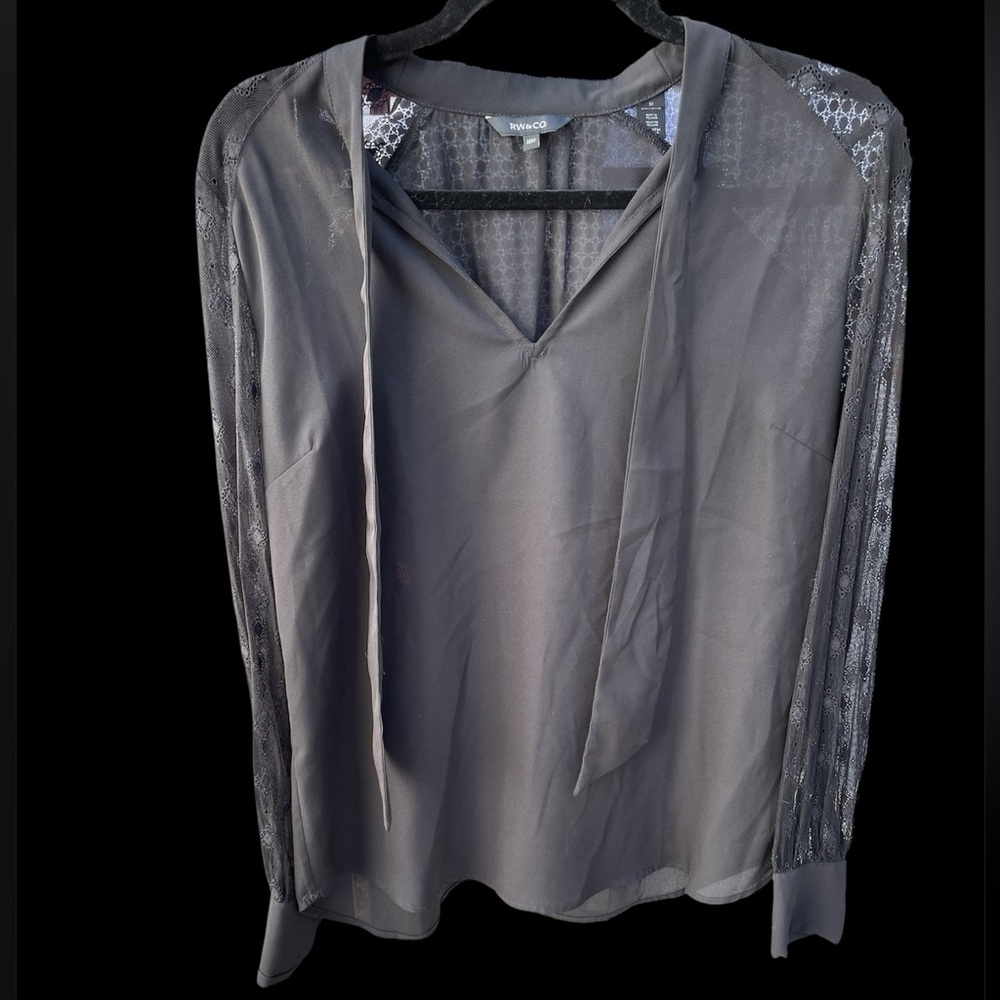 RW&CO. Black Blouse with Lace Sleeves and Front Ties